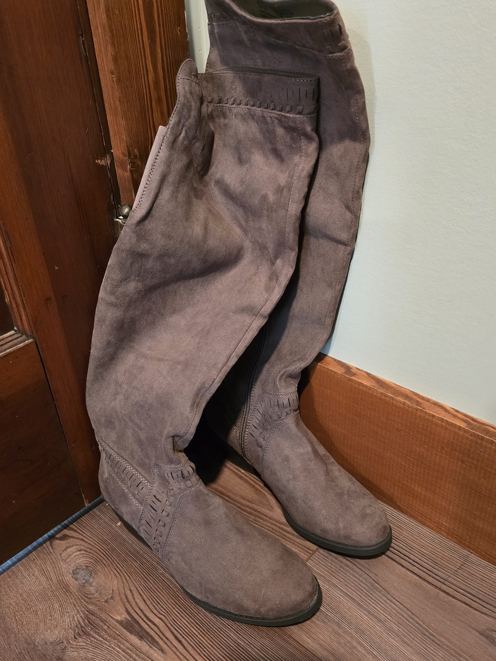 Sonoma Brown Suede Tall Black Rubber Boots Size 7.5